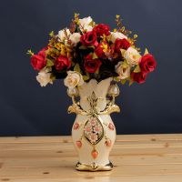 天鹅摆件陶瓷花瓶插花仿真花假花客厅电视柜小摆件房间装饰品摆设|8寸花瓶带10头大红玫瑰