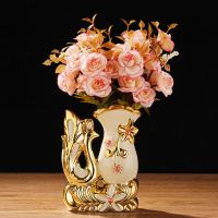 欧式陶瓷花瓶天鹅摆件家居装饰品客厅摆设件电视柜花器仿真花饰品|大天鹅花瓶随机一只+两束藕色小玫瑰花