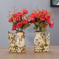 欧式陶瓷花瓶天鹅摆件家居装饰品客厅摆设件电视柜花器仿真花饰品|小天鹅花瓶一对+红色玫瑰花两束