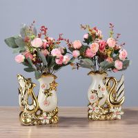 欧式陶瓷花瓶天鹅摆件家居装饰品客厅摆设件电视柜花器仿真花饰品|小天鹅花瓶一对+粉色钻玫两束