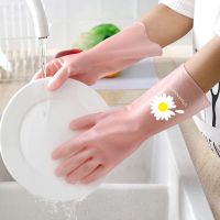 家务手套果冻质感厨房刷碗洗衣服洗菜清洁耐用型女用加厚塑胶手套|小雏菊粉(3双)[实惠装] [中号]M码
