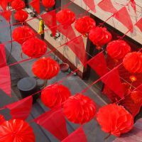 婚庆小彩旗三角旗串旗纸灯笼小吊旗开业结婚装饰用品户外喜字拉花|全红旗80米+50个喜字大号灯笼