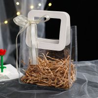 透明礼物袋伴手礼手提袋ins风包装礼品袋子生日礼物盒伴娘回礼|白飄帶+[琥珀金]拉菲草 小号18*10*20cm