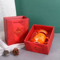 北欧潮个性陶瓷马克杯创意情侣礼物杯办公室咖啡杯带盖勺陶瓷杯|爱马仕橙【酒红礼盒】+贺卡