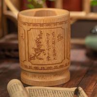 复古竹子创意笔桶办公文具摆件竹制学生笔筒文房四宝毛笔架|原色梅兰竹菊【13CM高】