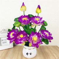仿真荷花莲花供花套装 假荷花塑料假花绢花小盆栽家居装饰摆件|绢布荷花紫色2束+大钱袋盆