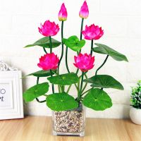 仿真荷花莲花供花套装 假荷花塑料假花绢花小盆栽家居装饰摆件|PU荷花2束玫红色+方玻璃盆
