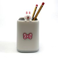 创意个性可爱卡通公仔笔筒桌面收纳盒时尚儿童学生文具办公室摆件|灰方筒+[可妮兔+发夹](单个装)