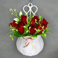 挂墙上装饰假花套装美容院饭店玫瑰仿真花挂件卧室客厅墙布置花束|红色情人蕾+挂篮