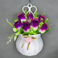 挂墙上装饰假花套装美容院饭店玫瑰仿真花挂件卧室客厅墙布置花束|紫色情人蕾+挂篮