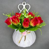 挂墙上装饰假花套装美容院饭店玫瑰仿真花挂件卧室客厅墙布置花束|姻脂红情人蕾+挂篮