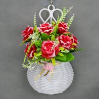挂墙上装饰假花套装美容院饭店玫瑰仿真花挂件卧室客厅墙布置花束|红色水草玫瑰+挂篮