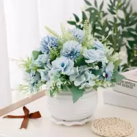 假花艺装饰绢花干花套装摆设摆设仿真花束假花套装 客厅饰品摆件|荷花盆角玫组合蓝
