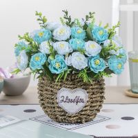 室内客厅仿真假花装饰客厅干花摆设餐桌塑料绢花室内家居花束摆件|3蓝甜心玫+球筐