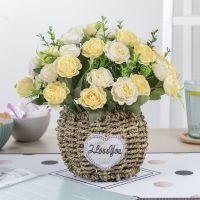 室内客厅仿真假花装饰客厅干花摆设餐桌塑料绢花室内家居花束摆件|3黄甜心玫+球筐