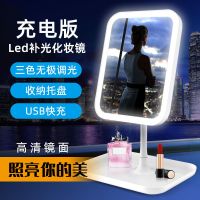 化妆镜led带灯化妆镜多功能随身便携补光镜女学生宿舍美妆镜|珍珠白+大镜面+收纳底盘 充电款【单色灯光】+镜+眼线笔
