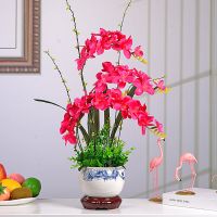 仿真花套装蝴蝶兰花假花盆栽客厅电视柜装饰花客厅室内摆件塑料花|新中式青花瓷苍兰大红