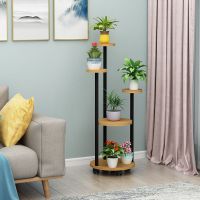 花架子室内多层移动花架客厅绿萝吊兰花架花盆架|带轮圆形五层黑架+浅胡桃板