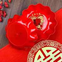 婚庆果盘家用干果盘子结婚盘红色塑料喜糖瓜子中式婚礼用茶盘喜|小号[家有喜事]22*4cm 6个装+[送花瓣*2OO片])