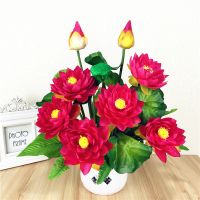 仿真荷花莲花供花套装 假荷花塑料假花绢花小盆栽家居装饰摆件|绢布荷花玫红色2束+大钱袋盆