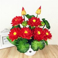 仿真荷花莲花供花套装 假荷花塑料假花绢花小盆栽家居装饰摆件|绢布荷花大红色2束+大钱袋盆
