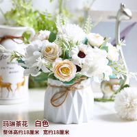 客厅摆设小清新假花摆件卧室内装饰花束餐桌摆放塑料仿真花艺盆栽|白色玛琳茶花+折页瓶