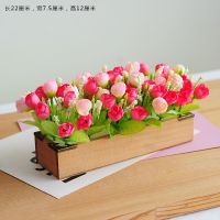 玫瑰木栅栏装饰花盆花艺假花摆件学校装饰品仿真花套装盆栽|粉色Q玫原色木盒