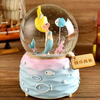 创意七夕情人节水晶球音乐盒雪花毕业生日礼物送女生男生闺蜜别|大号美人鱼蓝色+彩灯+自动飘雪 礼品包装手提袋卡片代写