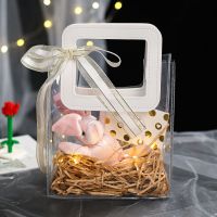 透明礼品袋礼物盒ins礼品盒子精美伴手礼手提袋|[香槟白]金丝+粉兔+白卡+氛围灯 [小号]17.5*9.5*19.5