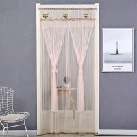 伸缩杆防蚊沙帘家用卧室厨房隔断帘自粘门帘魔术贴免打孔门帘布艺|三朵花粉双层沙 90宽180高[送魔术贴加伸缩杆]