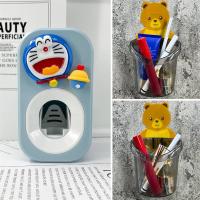 自动挤牙膏可爱卡通儿童创意牙膏挤压器免打孔粘贴置物架|铃铛小蓝猫+小熊置物架2个