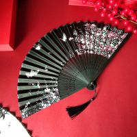 日式折扇中国风女式扇子白鹤绢扇和风工艺复古风折叠随身小扇女扇