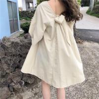 2021夏季新款韩版时尚中长款宽松显瘦蝴蝶结娃娃领孕妇连衣裙潮妈 米白色13 M