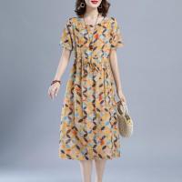 高端棉麻连衣裙女夏季2021夏装新款女装时尚碎花亚麻休闲中长款裙 175#黄色 M 85-115斤