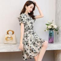 复古雪纺碎花连衣裙女2021春夏季新款洋气显瘦遮肚中长款短袖裙子 浅绿色 M [建议90-100斤]