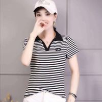 夏季短袖t恤女士宽松显瘦打底衫条纹POLO衫v领半袖体恤上衣妈妈装 A-8黑白色 M 建议80-95斤