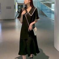 新款春装2021孕妇装夏装大码宽松复古娃娃领连衣裙夏季夏天长裙子 黑色 M