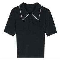 半身裙套装女2021春夏新款时尚洋气减龄娃娃领T恤波点a字裙两件套 黑色上衣 S