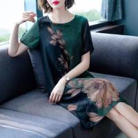 中老年女装40到50岁妈妈装夏装短袖连衣裙中长款高档洋气过膝裙子 绿色 L 建议80-100斤[有弹力]