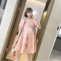 孕妇连衣裙女2021新款夏潮妈宽松大码减龄遮肚中长款泡泡袖孕妇装 粉色 M 90-105