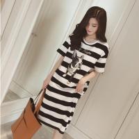 孕妇夏装短袖连衣裙2021新款韩版中长款大码200斤宽松露肩衬衫裙 小狗黑条纹纯棉裙子 M
