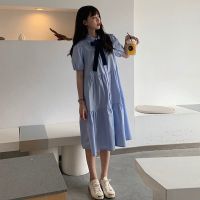 孕妇夏装连衣裙可哺乳外出学院风中长款衬衫裙韩版宽松大码孕妇装 (解扣可哺乳)蓝色连衣裙 XL建议130-150斤