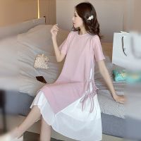 孕妇装夏季连衣裙2021新款韩版宽松孕妇短袖中长款a裙子孕妇上衣 208款连衣裙粉 M码建议75-98斤