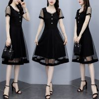 大码女装2021夏季新款裙子胖mm法式方领网纱拼接黑色减龄连衣裙女 黑色 L (100-120斤)