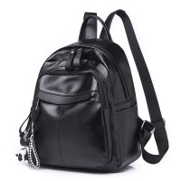 双肩包女士2021新款韩版百搭潮背包包软皮休闲时尚旅行大容量书包 黑色-送手拿包