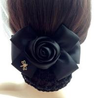 韩国头饰优雅女士成人发夹职业头花带发网盘发顶夹子发卡头发饰品 单苞玫瑰 黑色 配粗网