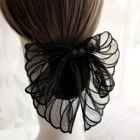 大蝴蝶结发饰发夹护士职业头花饰品工作网兜细发网盘发头饰韩国 纯黑条纹蕾丝 配粗网