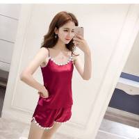 冰丝睡裙女夏季高档宽松奢华过膝冰丝春秋薄款学生睡衣丝绸家居服 吊带酒红色 M码(建议80-95斤)