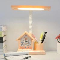 儿童护眼台灯小学生书桌插电式学习专用卡通闹钟卧室床头书房 卡通粉色房子闹钟款