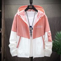 新款男士中长款风衣韩版宽松夹克男潮流连帽春秋外套百搭休闲上衣 拼色防晒衣薄-粉色 M 70-95斤